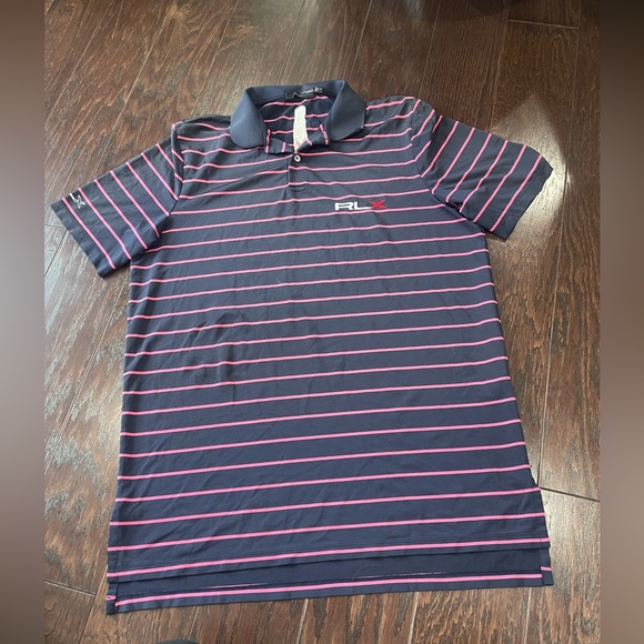 RLX Ralph Lauren Men stripe Performance Golf Polo Shirt Pink Blue Size Medium - Picture 1 of 5